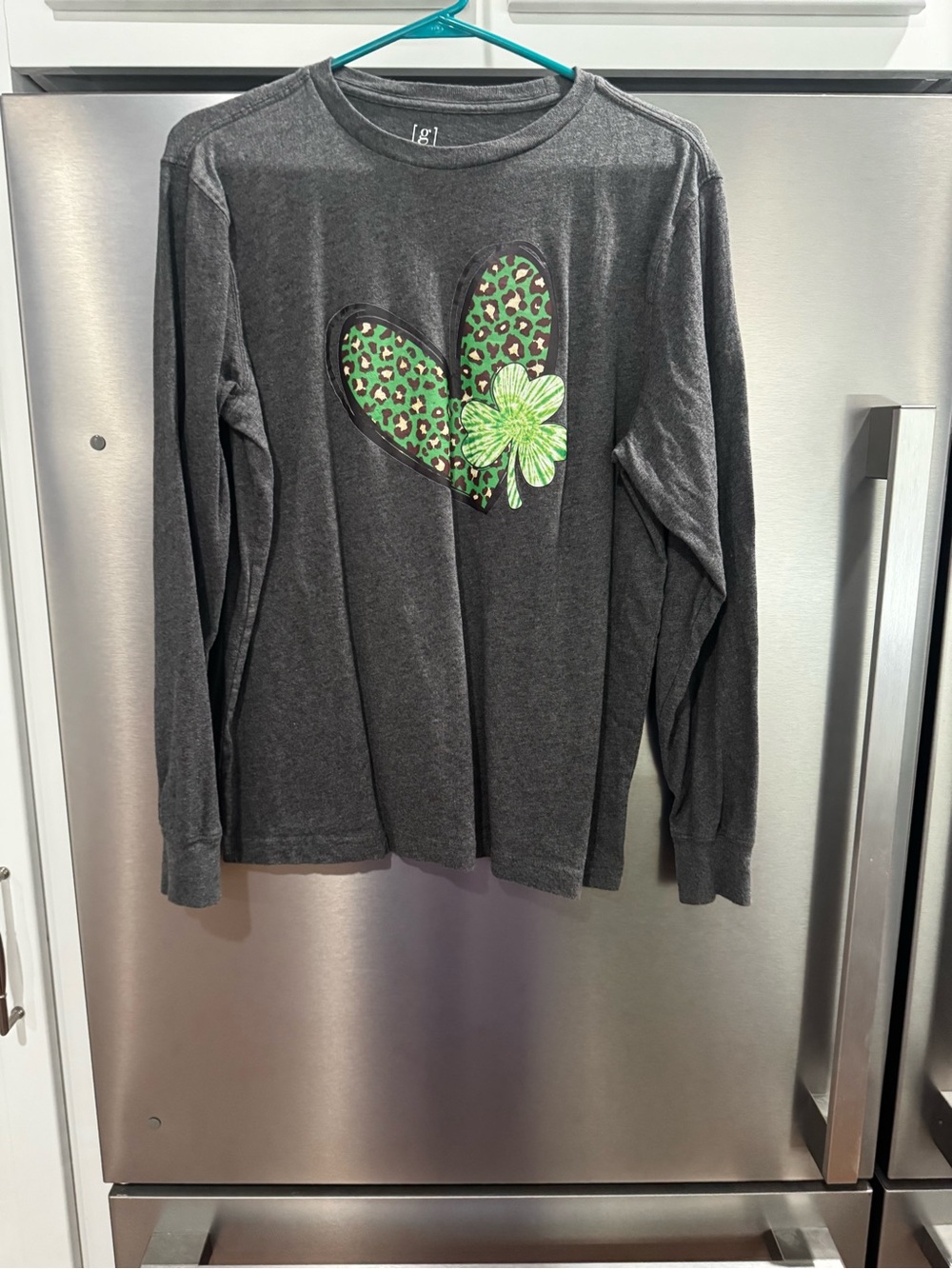 George Charcoal Long-Sleeve Tee with Green Leopard Heart & Shamrock